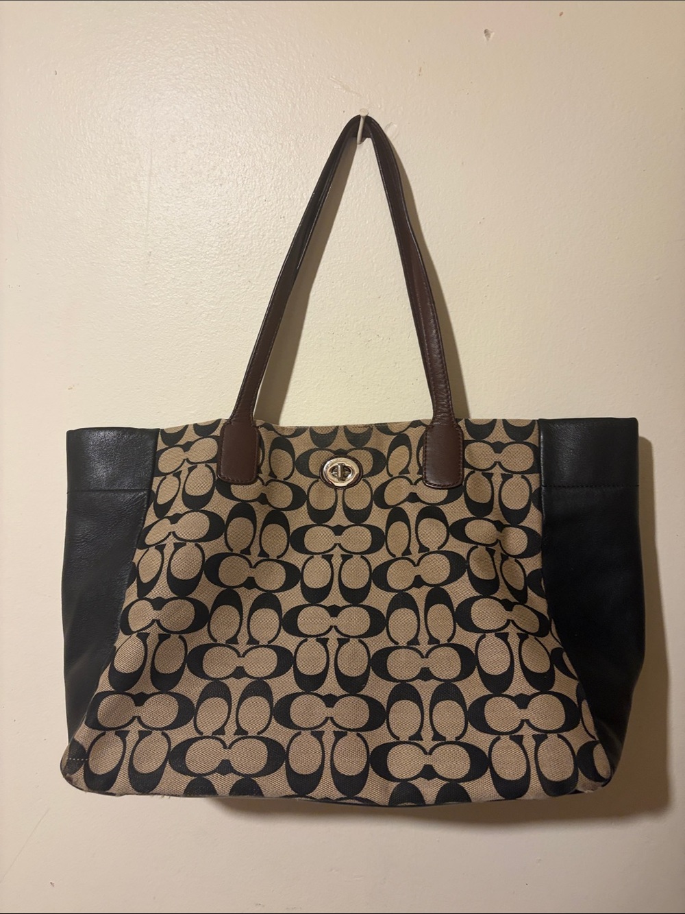 Coach Signature Canvas Tote in Black and Tan with Brown Straps